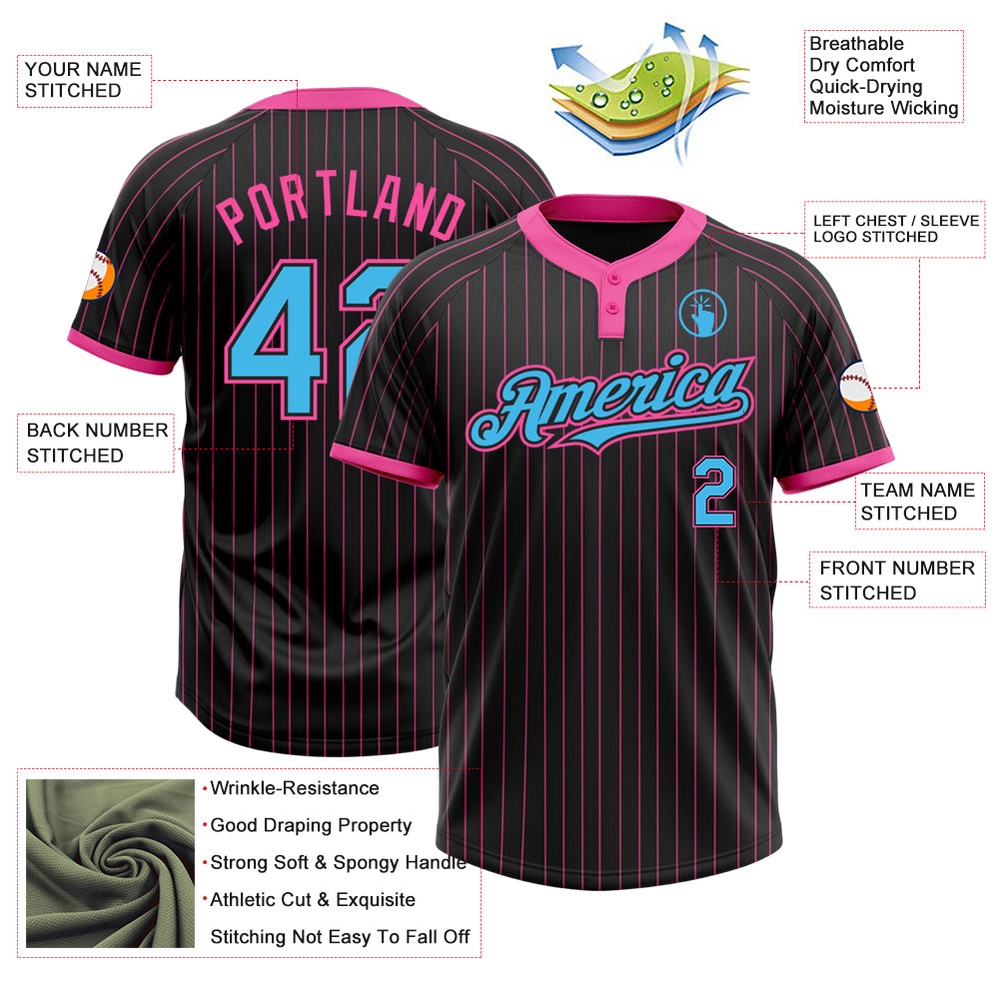 Black Pink Pinstripe Sky Blue Two Button Unisex Softball Jersey, Custom Team Softball Jersey