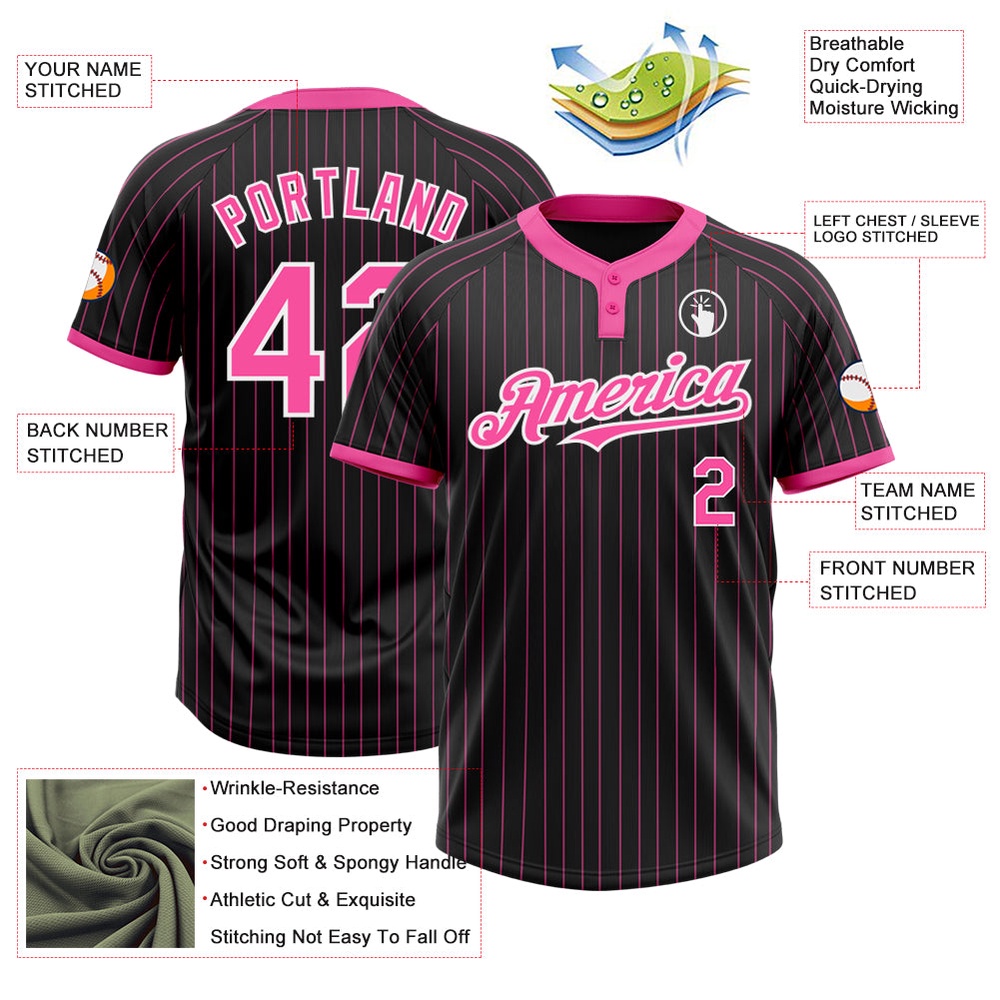 Black Pink Pinstripe White Two Button Unisex Softball Jersey, Custom Team Softball Jersey