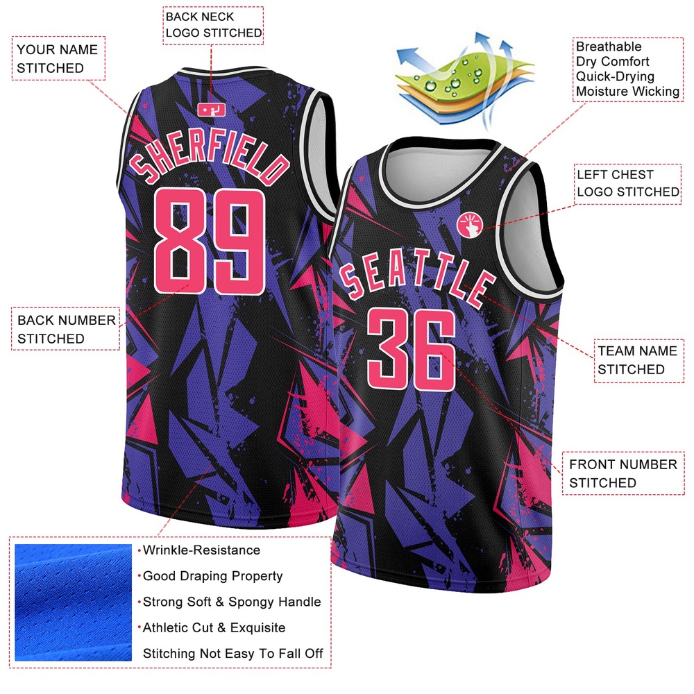 Black Pink Purple 3D Pattern Design Geometric Shapes Authentic Basketball Jersey, Custom Team Soccer Jersey Shirt