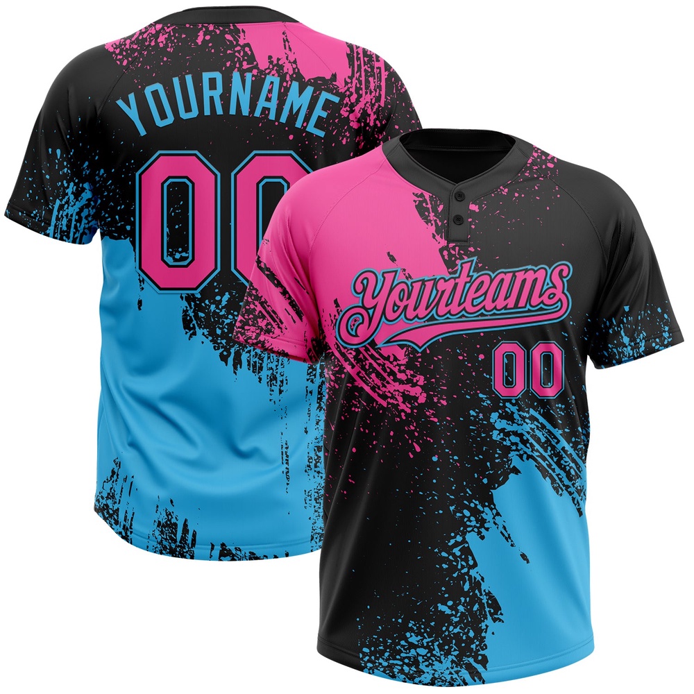 Black Pink Sky Blue 3D Pattern Abstract Brush Stroke Two Button Unisex Softball Jersey, Custom Team Softball Jersey