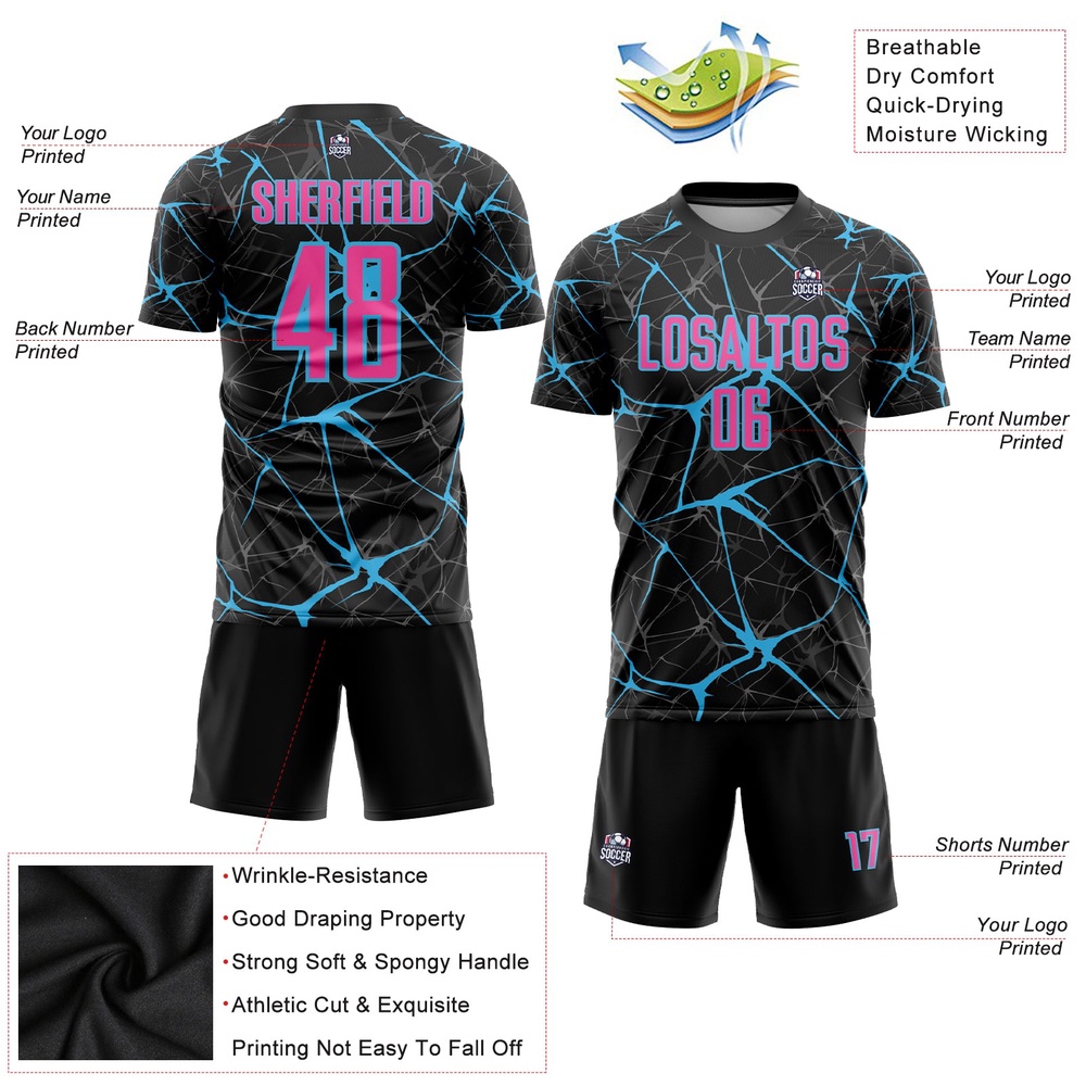 Black Pink Sky Blue Sublimation Soccer Uniform Jersey, Custom Team Soccer Jersey Shirt