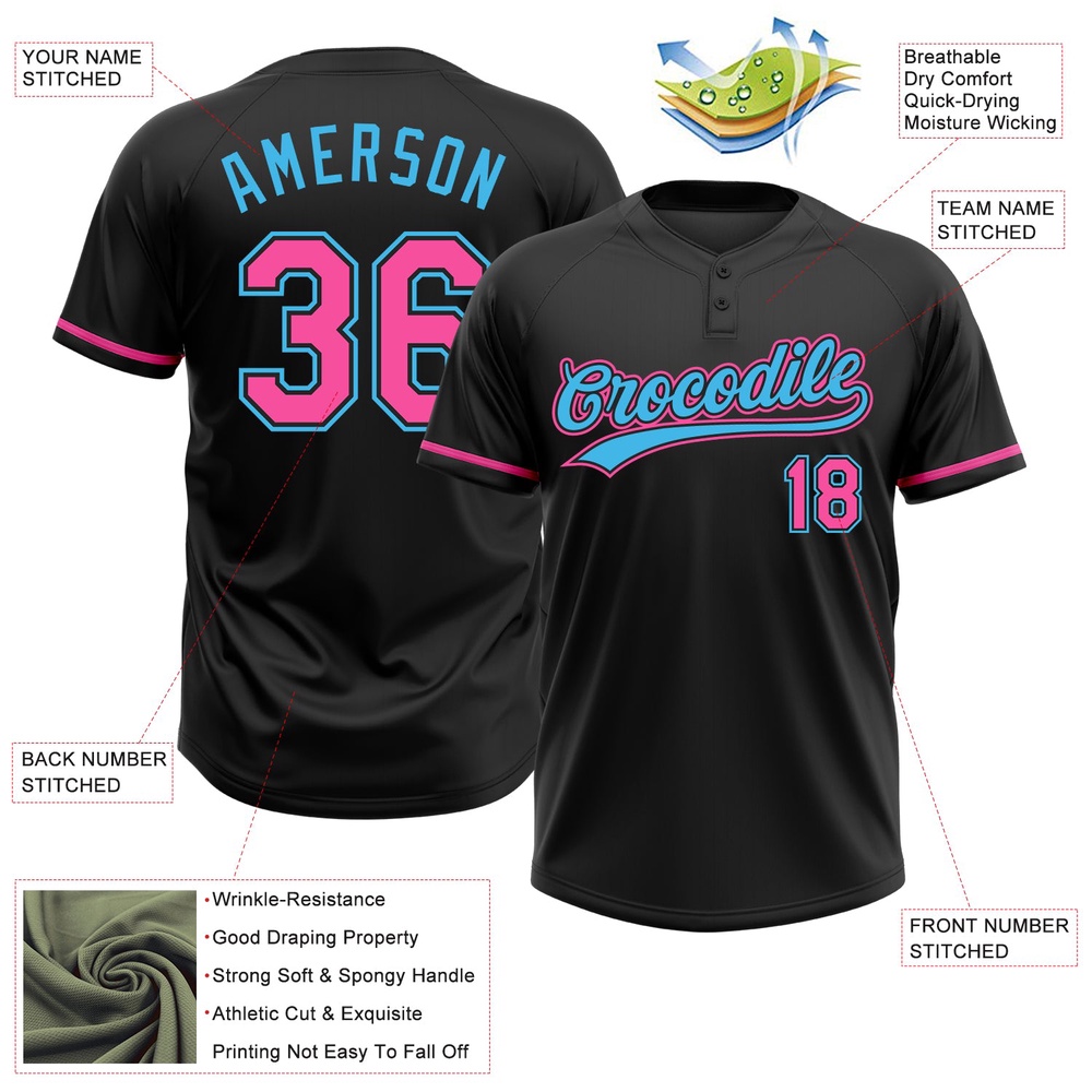 Black Pink Sky Blue Two Button Unisex Softball Jersey, Custom Team Softball Jersey