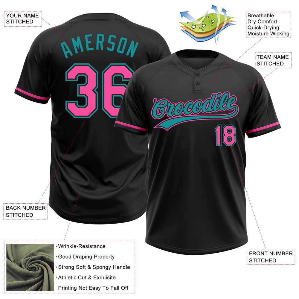 Black Pink Teal Two Button Unisex Softball Jersey, Custom Team Softball Jersey