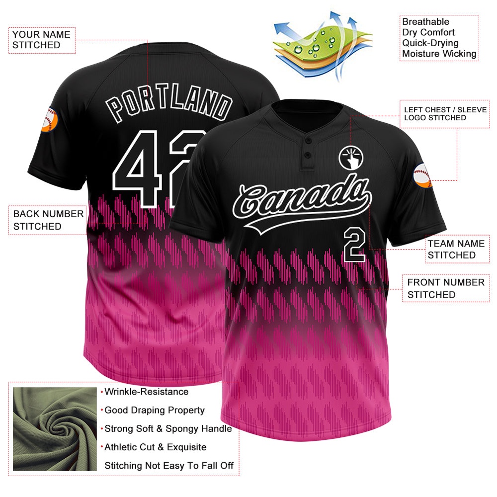 Black Pink White 3D Pattern Lines Two Button Unisex Softball Jersey, Custom Team Softball Jersey