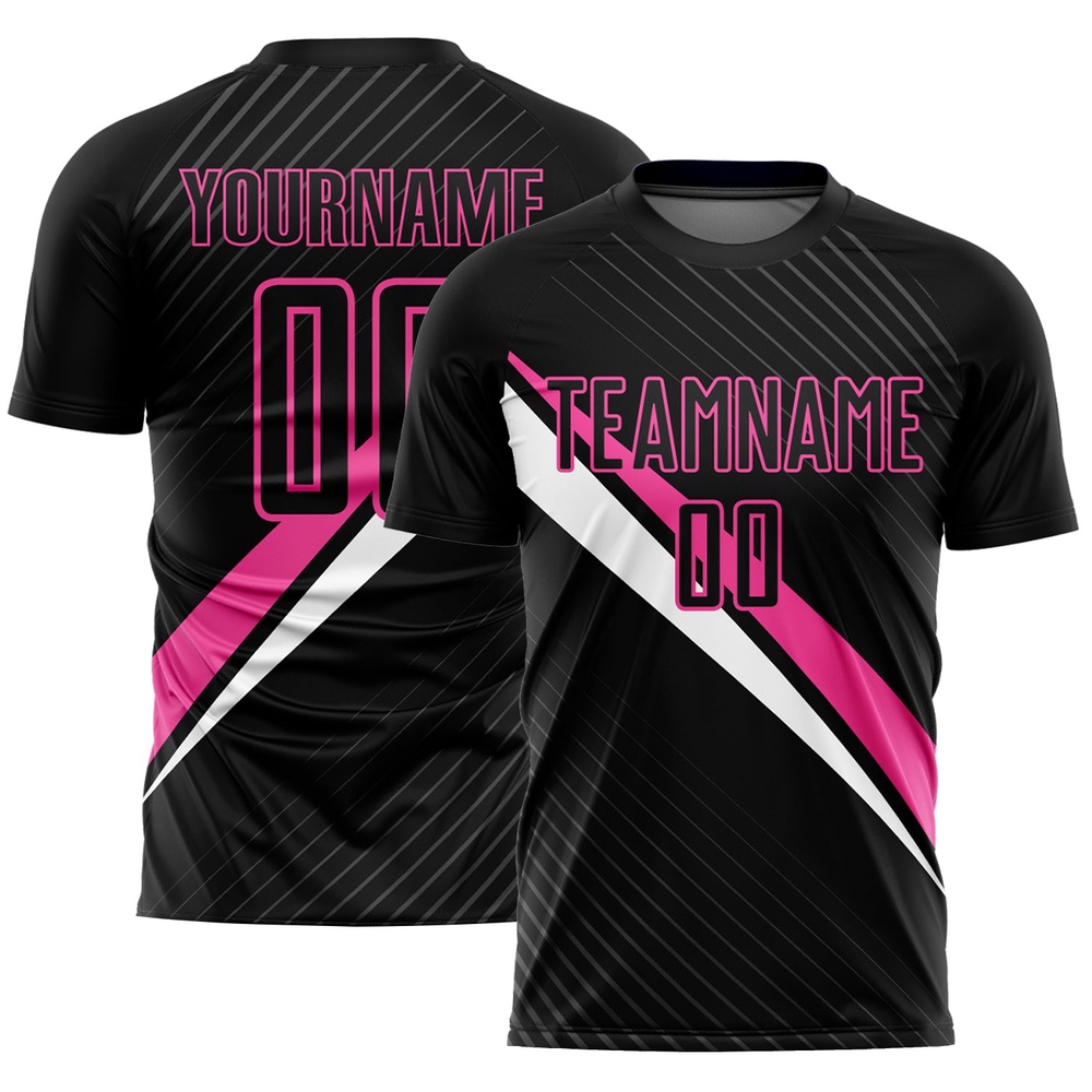 Black Pink White Diagonal Lines Sublimation Soccer Uniform Jersey, Custom Team Soccer Jersey Shirt