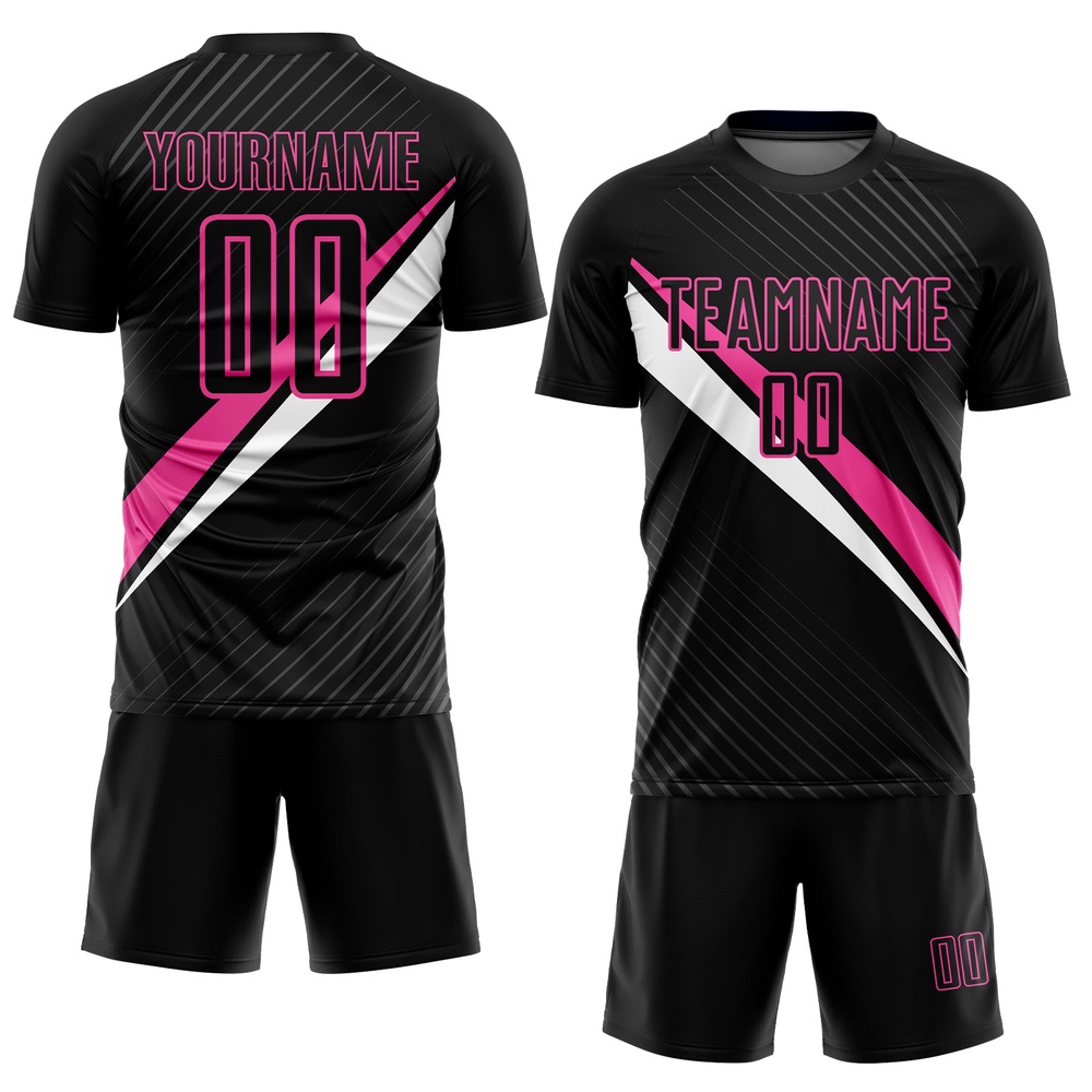 Black Pink White Diagonal Lines Sublimation Soccer Uniform Jersey, Custom Team Soccer Jersey Shirt