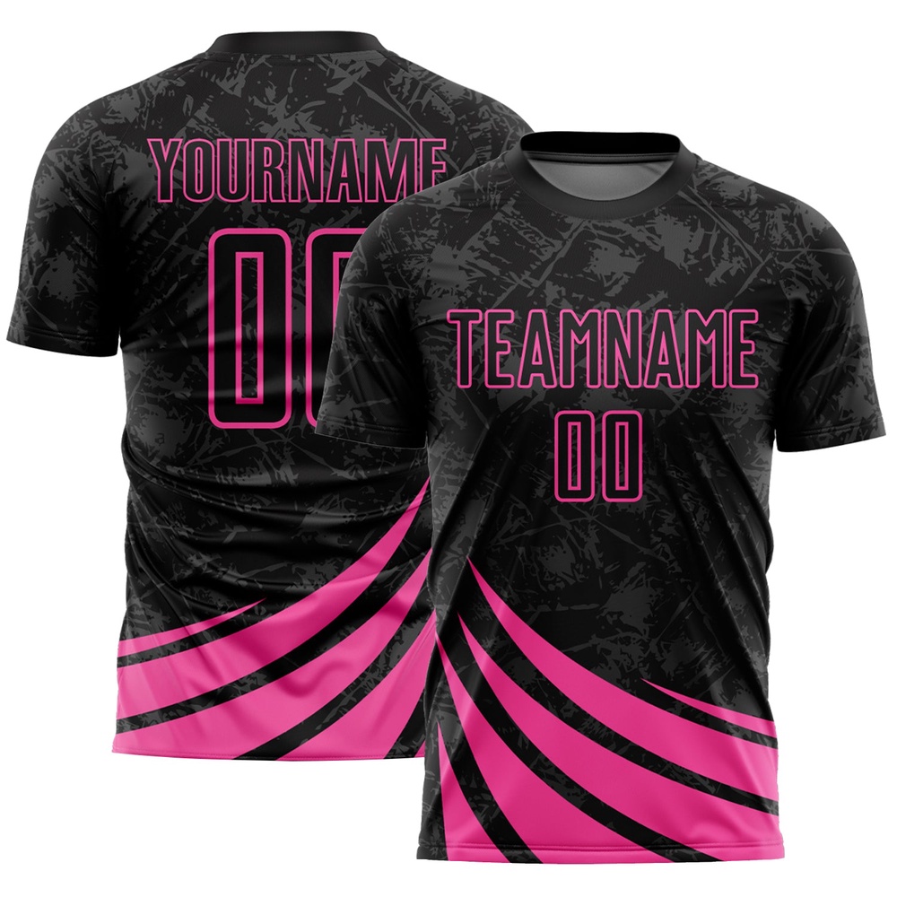 Black Pink Wind Shapes Sublimation Soccer Uniform Jersey, Custom Team Soccer Jersey Shirt