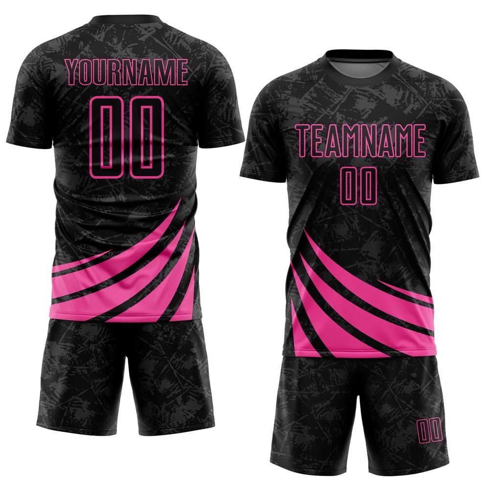 Black Pink Wind Shapes Sublimation Soccer Uniform Jersey, Custom Team Soccer Jersey Shirt