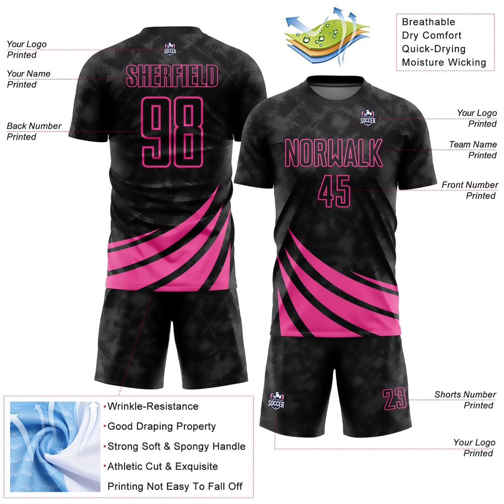 Black Pink Wind Shapes Sublimation Soccer Uniform Jersey, Custom Team Soccer Jersey Shirt