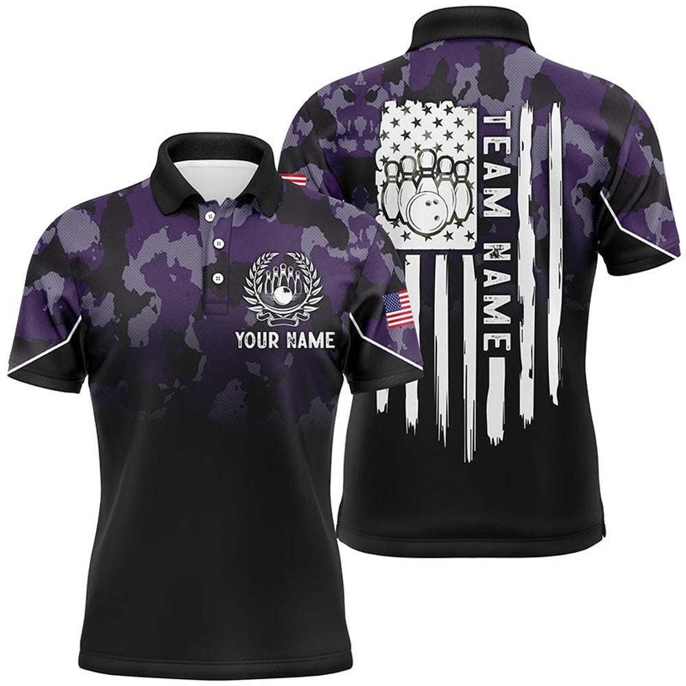 Black Purple Camo Mens Polo Bowling Shirts Custom American Flag Patriotic Bowling Team League Polo Shirt, Personalized Bowling Team Shirt