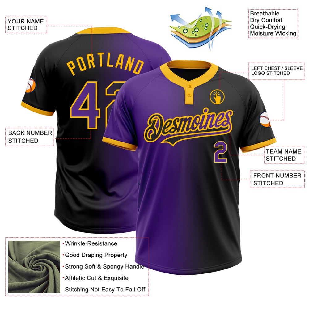 Black Purple Gold Gradient Fashion Two Button Unisex Softball Jersey, Custom Team Softball Jersey