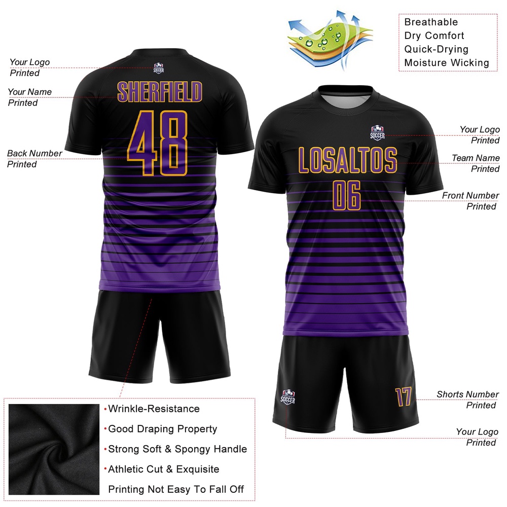 Black Purple Gold Pinstripe Fade Fashion Sublimation Soccer Uniform Jersey, Custom Team Soccer Jersey Shirt