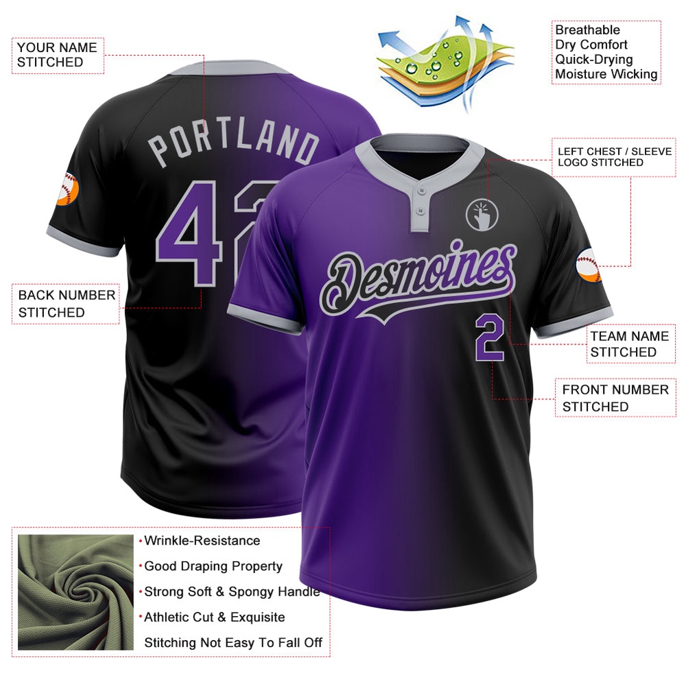 Black Purple Gray Gradient Fashion Two Button Unisex Softball Jersey, Custom Team Softball Jersey