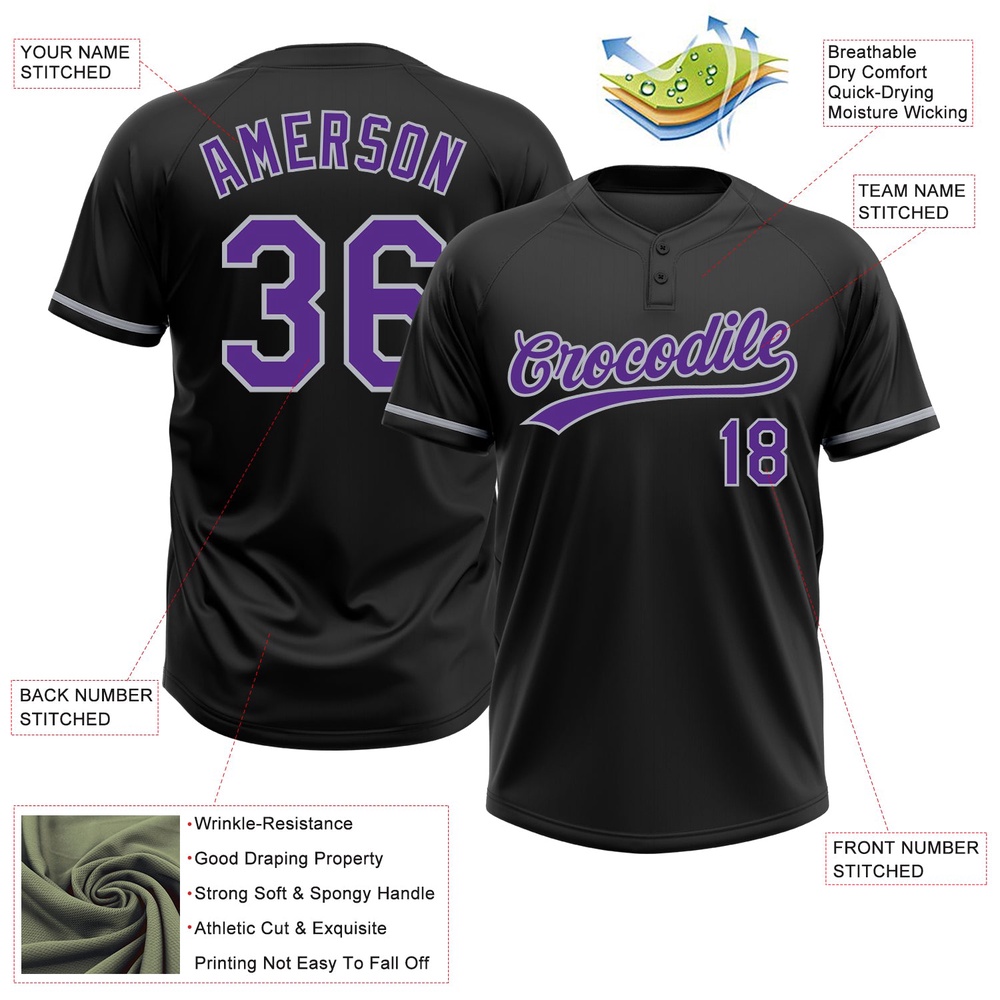 Black Purple Gray Two Button Unisex Softball Jersey, Custom Team Softball Jersey
