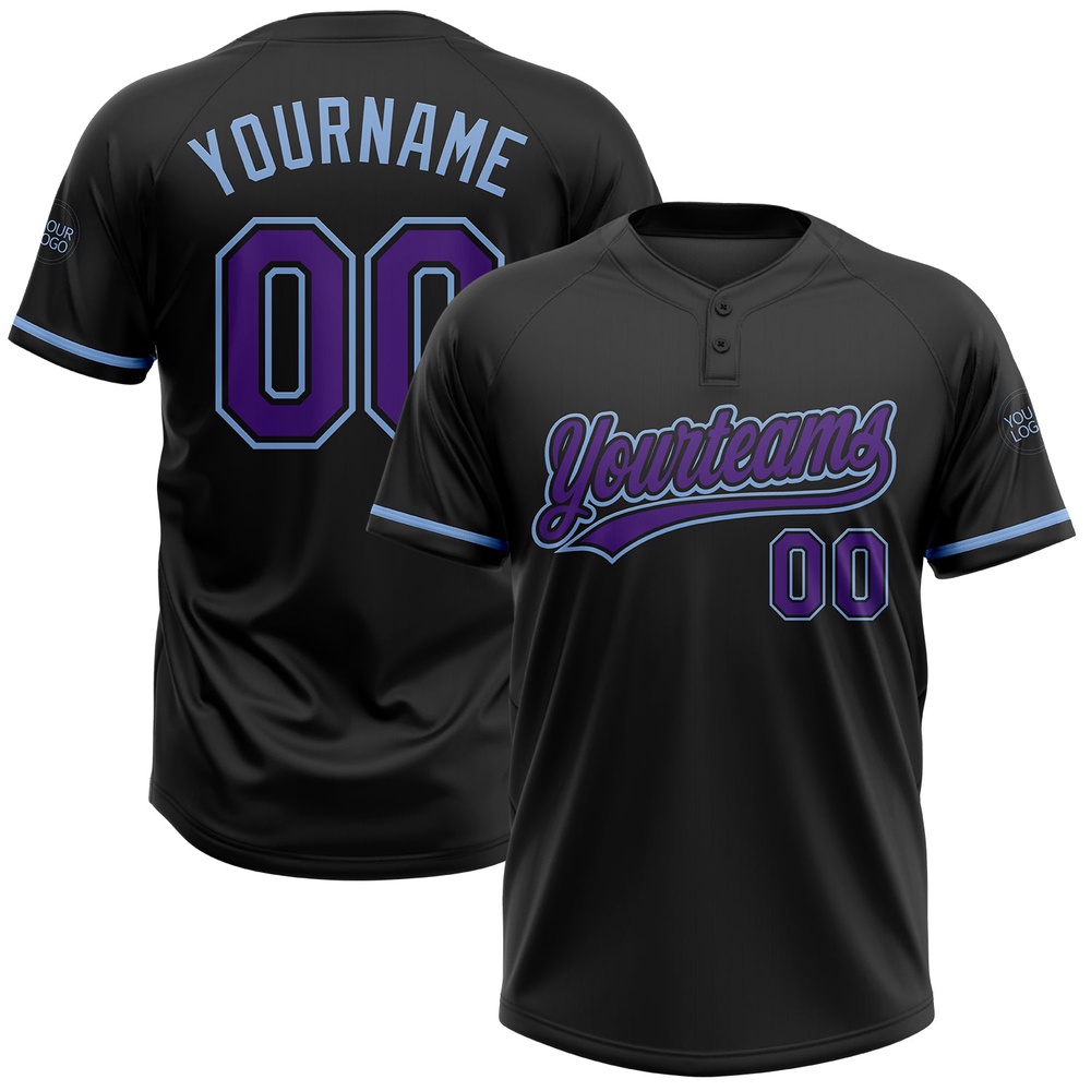Black Purple Light Blue Two Button Unisex Softball Jersey, Custom Team Softball Jersey