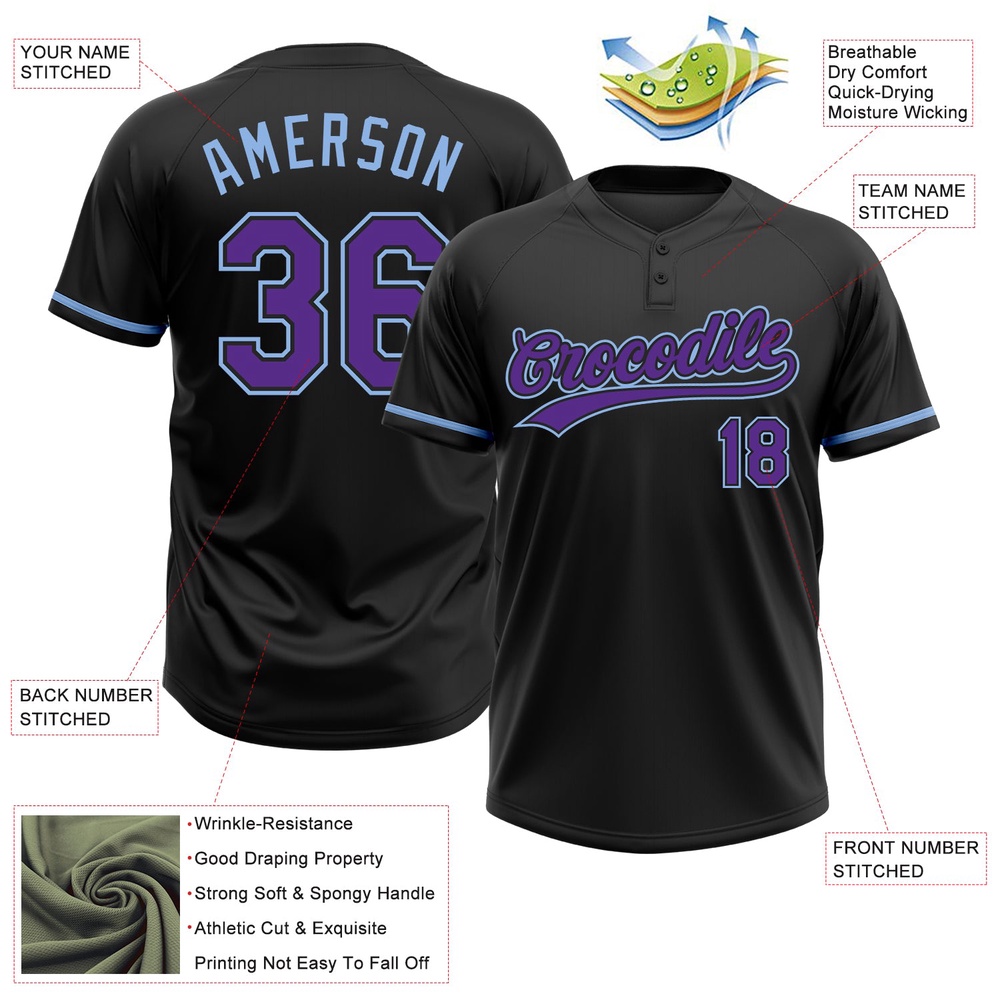 Black Purple Light Blue Two Button Unisex Softball Jersey, Custom Team Softball Jersey