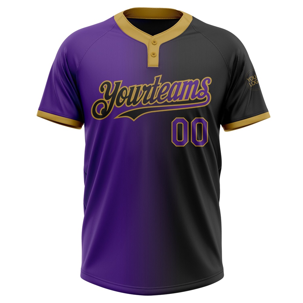 Black Purple Old Gold Gradient Fashion Two Button Unisex Softball Jersey, Custom Team Softball Jersey