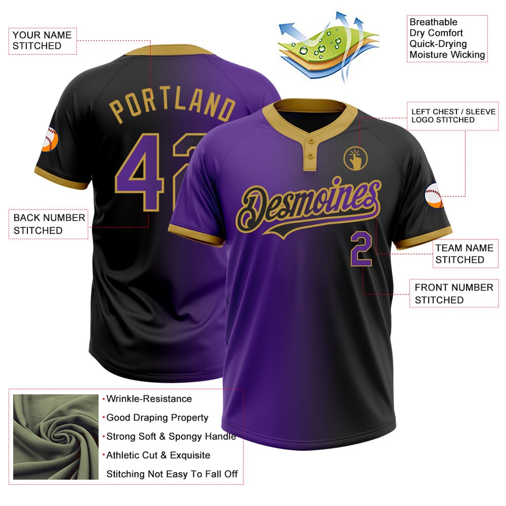 Black Purple Old Gold Gradient Fashion Two Button Unisex Softball Jersey, Custom Team Softball Jersey