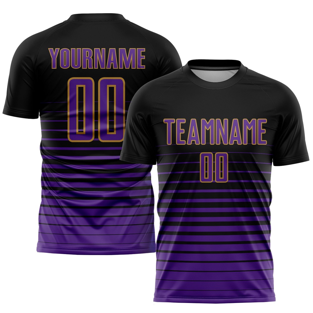 Black Purple Old Gold Pinstripe Fade Fashion Sublimation Soccer Uniform Jersey, Custom Team Soccer Jersey Shirt