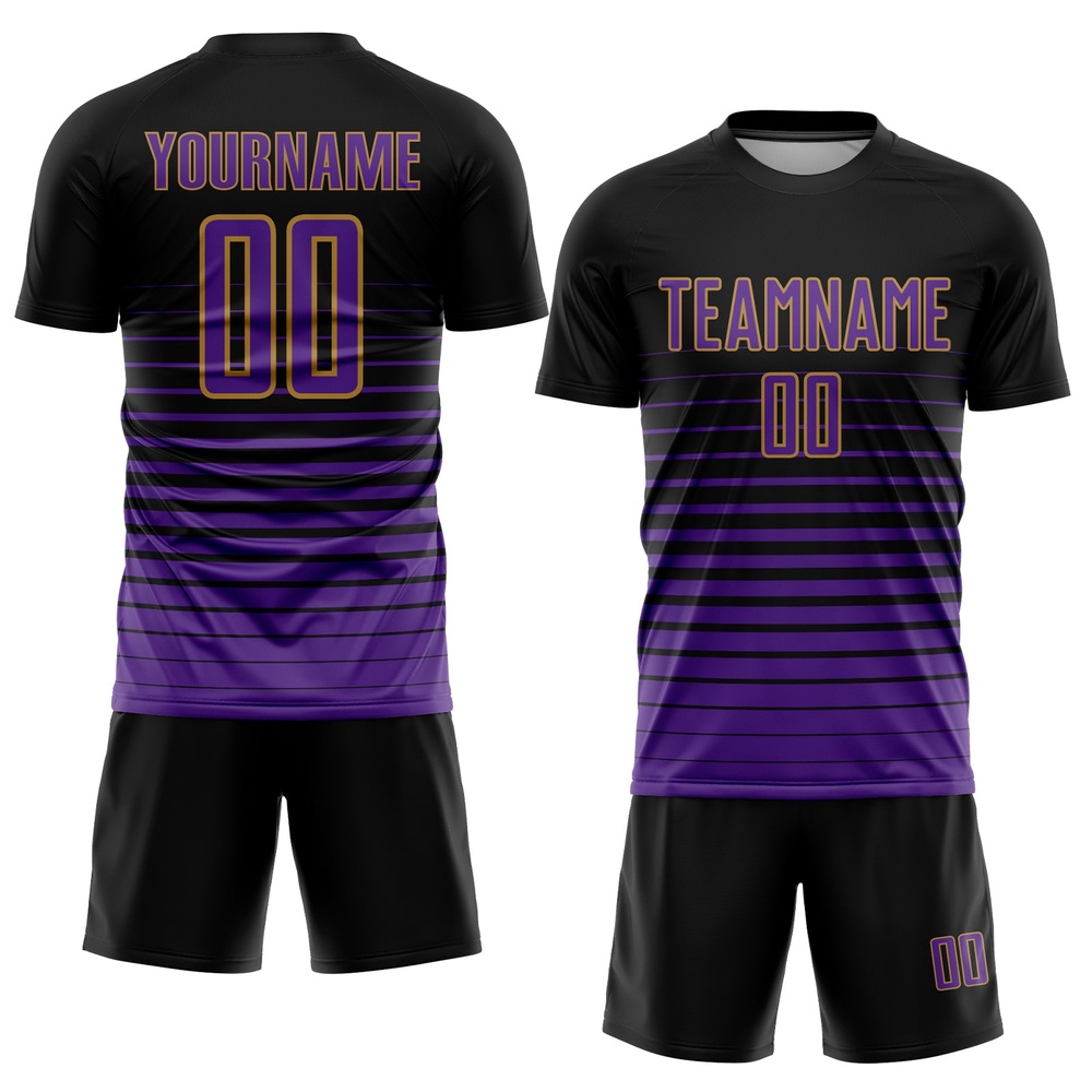 Black Purple Old Gold Pinstripe Fade Fashion Sublimation Soccer Uniform Jersey, Custom Team Soccer Jersey Shirt