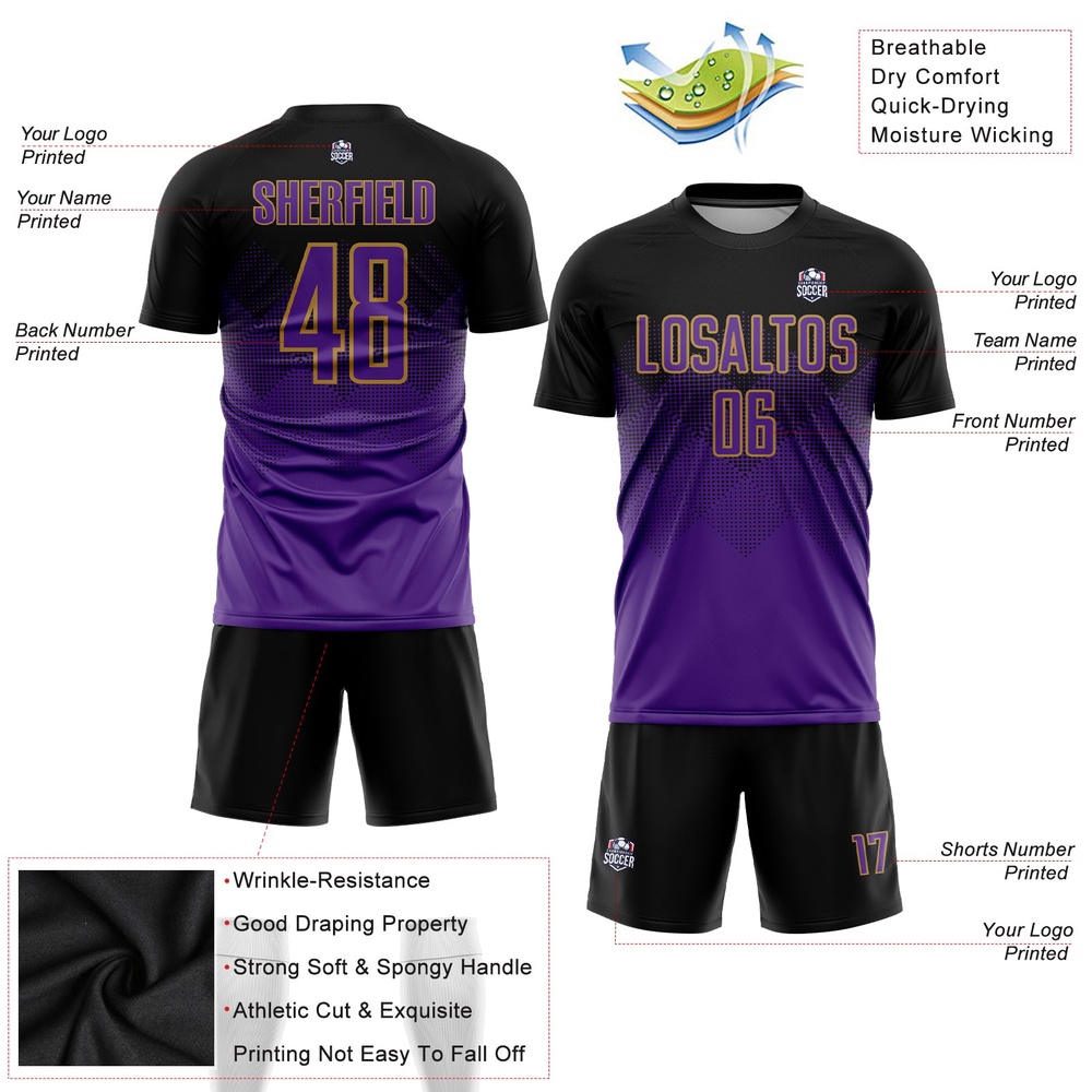 Black Purple Old Gold Sublimation Soccer Uniform Jersey, Custom Team Soccer Jersey Shirt