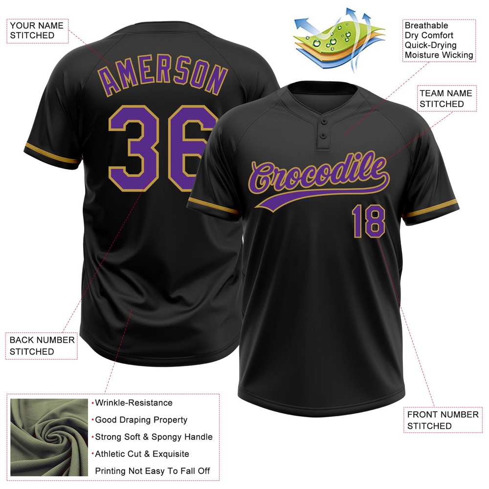Black Purple Old Gold Two Button Unisex Softball Jersey, Custom Team Softball Jersey