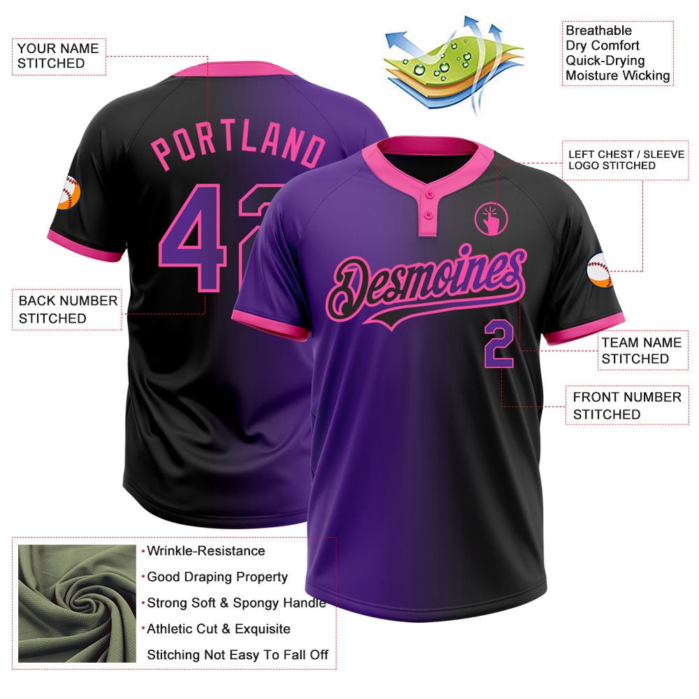 Black Purple Pink Gradient Fashion Two Button Unisex Softball Jersey, Custom Team Softball Jersey