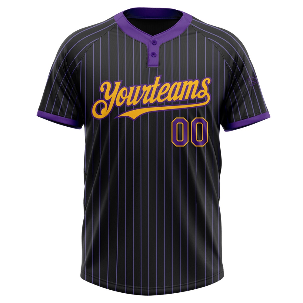 Black Purple Pinstripe Gold Two Button Unisex Softball Jersey, Custom Team Softball Jersey