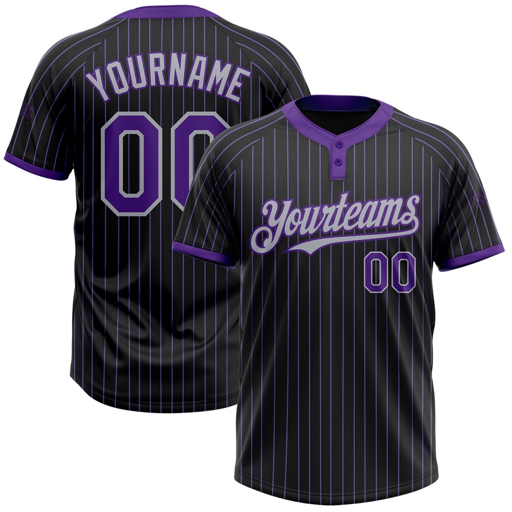 Black Purple Pinstripe Gray Two Button Unisex Softball Jersey, Custom Team Softball Jersey