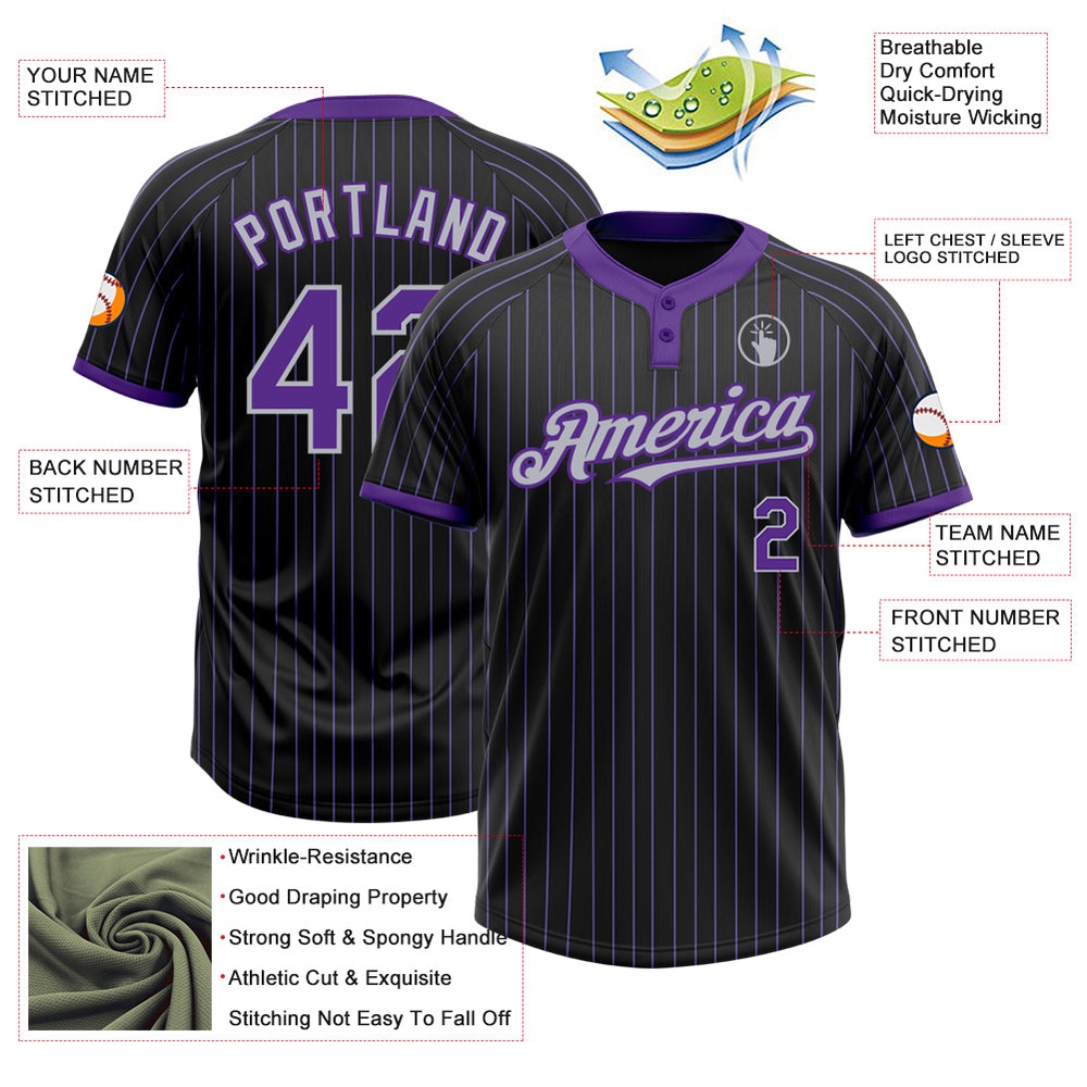 Black Purple Pinstripe Gray Two Button Unisex Softball Jersey, Custom Team Softball Jersey