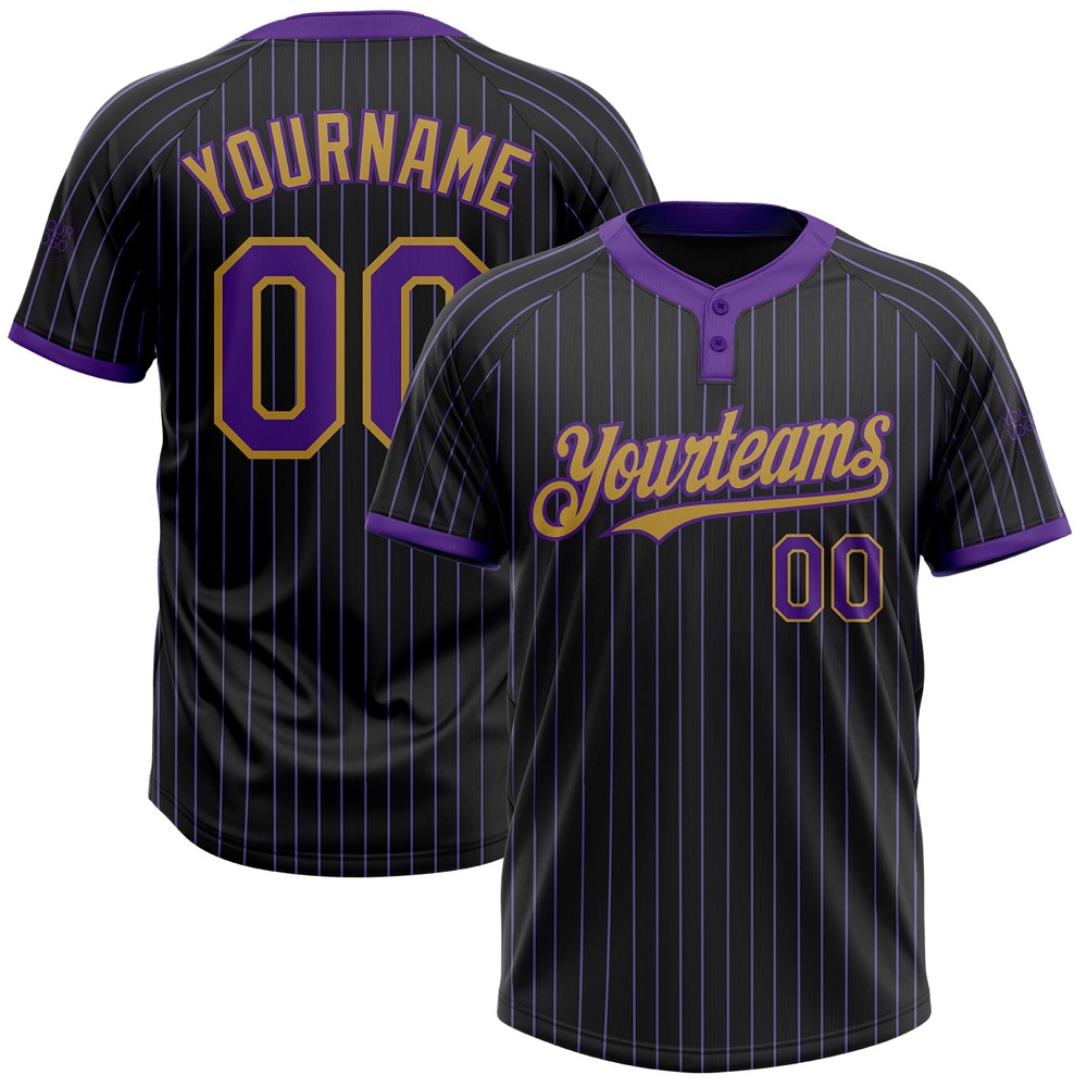 Black Purple Pinstripe Old Gold Two Button Unisex Softball Jersey, Custom Team Softball Jersey