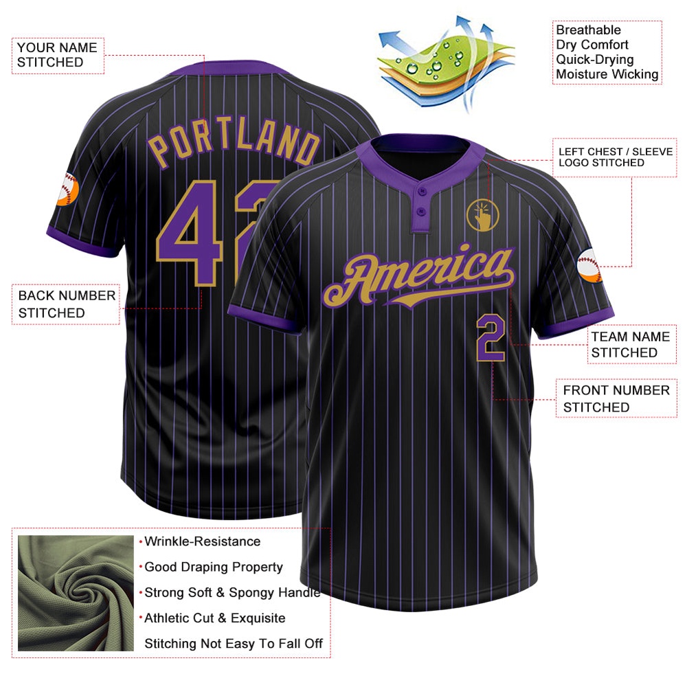 Black Purple Pinstripe Old Gold Two Button Unisex Softball Jersey, Custom Team Softball Jersey
