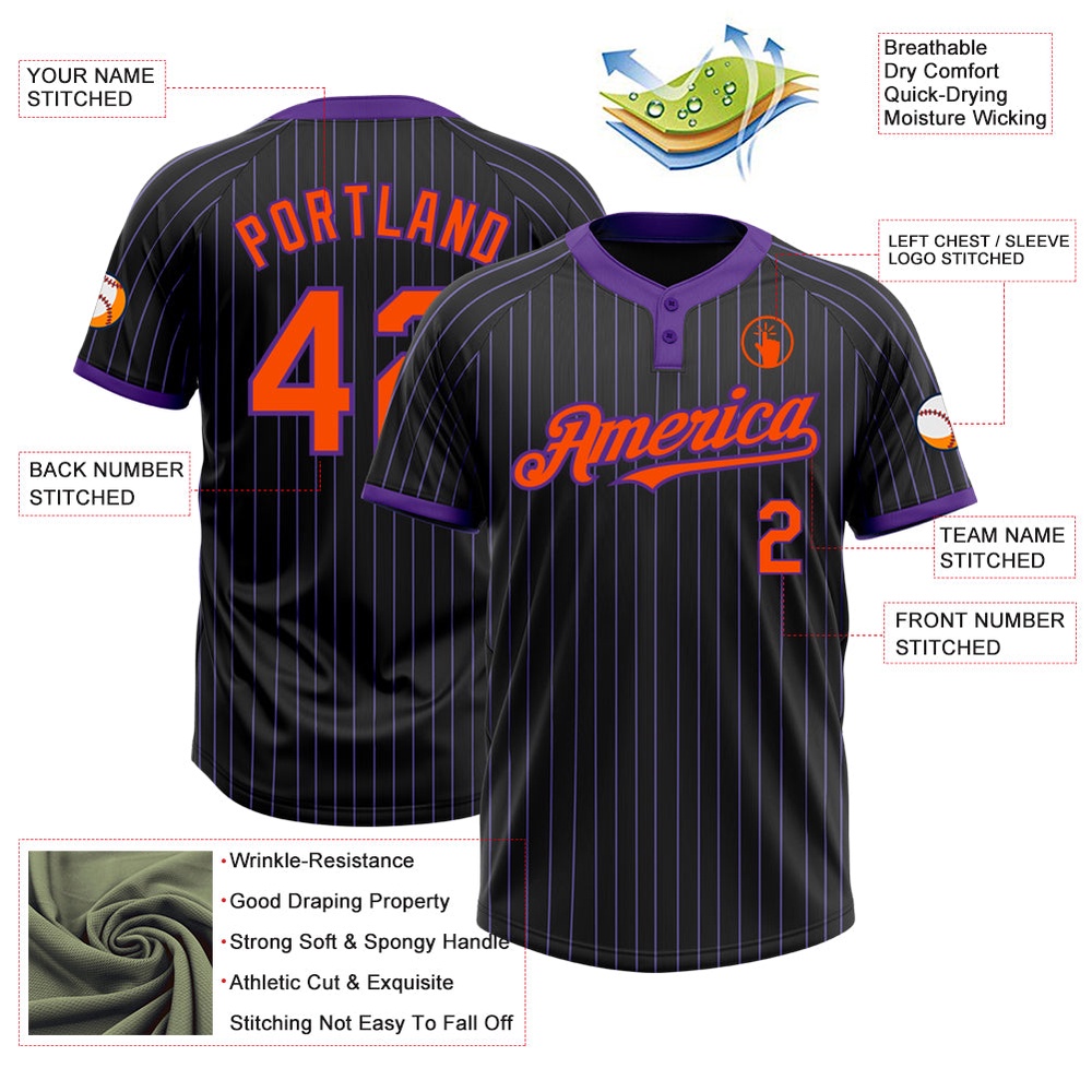 Black Purple Pinstripe Orange Two Button Unisex Softball Jersey, Custom Team Softball Jersey
