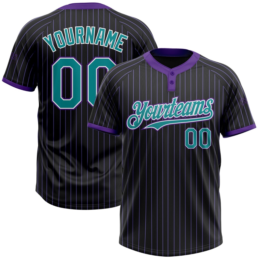 Black Purple Pinstripe Teal White Two Button Unisex Softball Jersey, Custom Team Softball Jersey