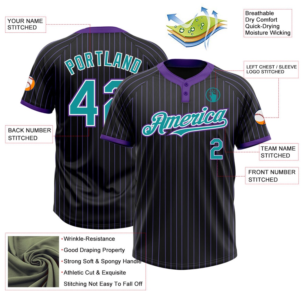 Black Purple Pinstripe Teal White Two Button Unisex Softball Jersey, Custom Team Softball Jersey