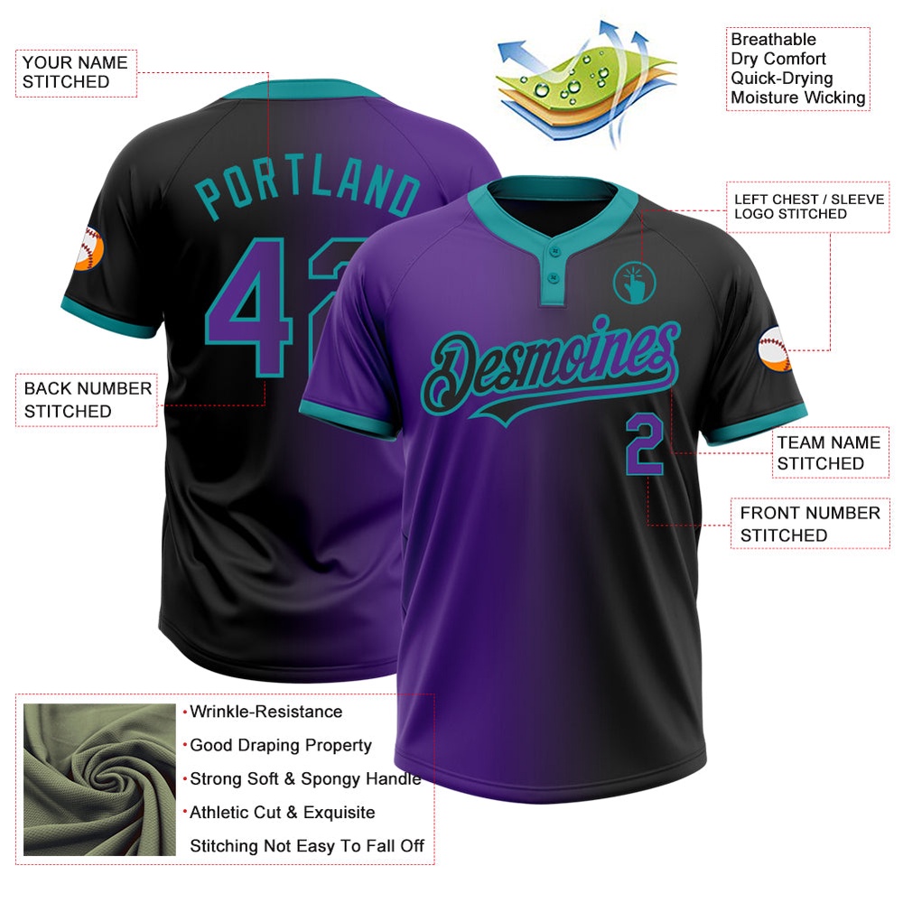 Black Purple Teal Gradient Fashion Two Button Unisex Softball Jersey, Custom Team Softball Jersey