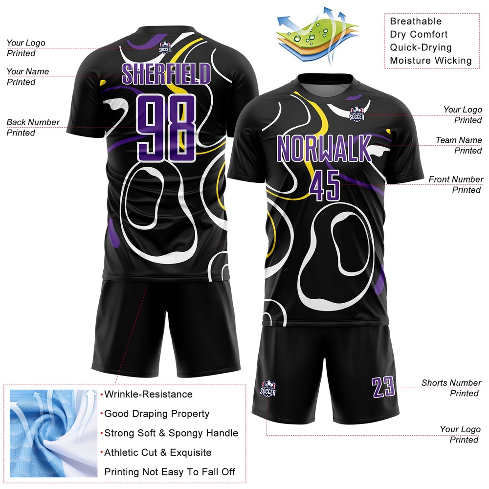 Black Purple White Fluid Shapes Sublimation Soccer Uniform Jersey, Custom Team Soccer Jersey Shirt Black Purple White Fluid Shapes Sublimation Soccer Uniform Jersey, Custom Team Soccer Jersey Shirt
