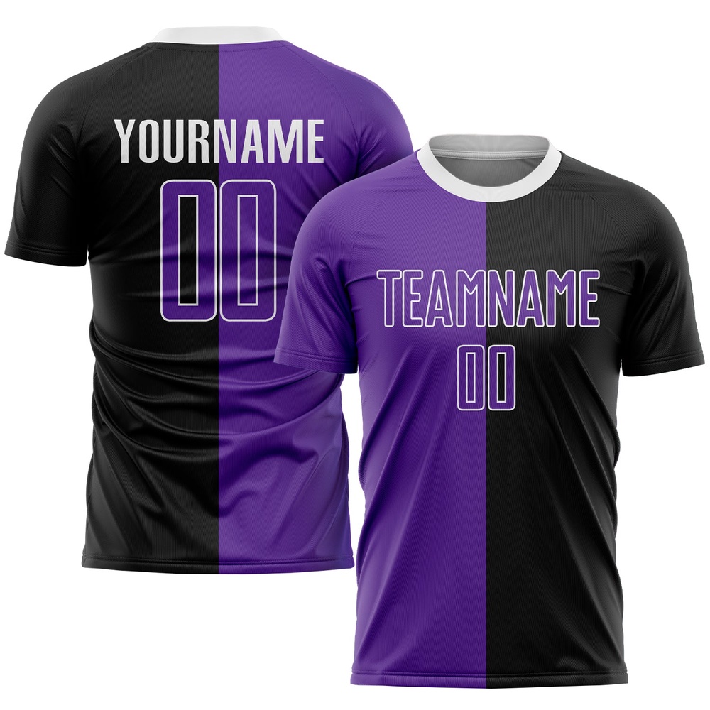 Black Purple White Sublimation Split Fashion Soccer Uniform Jersey, Custom Team Soccer Jersey Shirt Black Purple White Sublimation Split Fashion Soccer Uniform Jersey, Custom Team Soccer Jersey Shirt