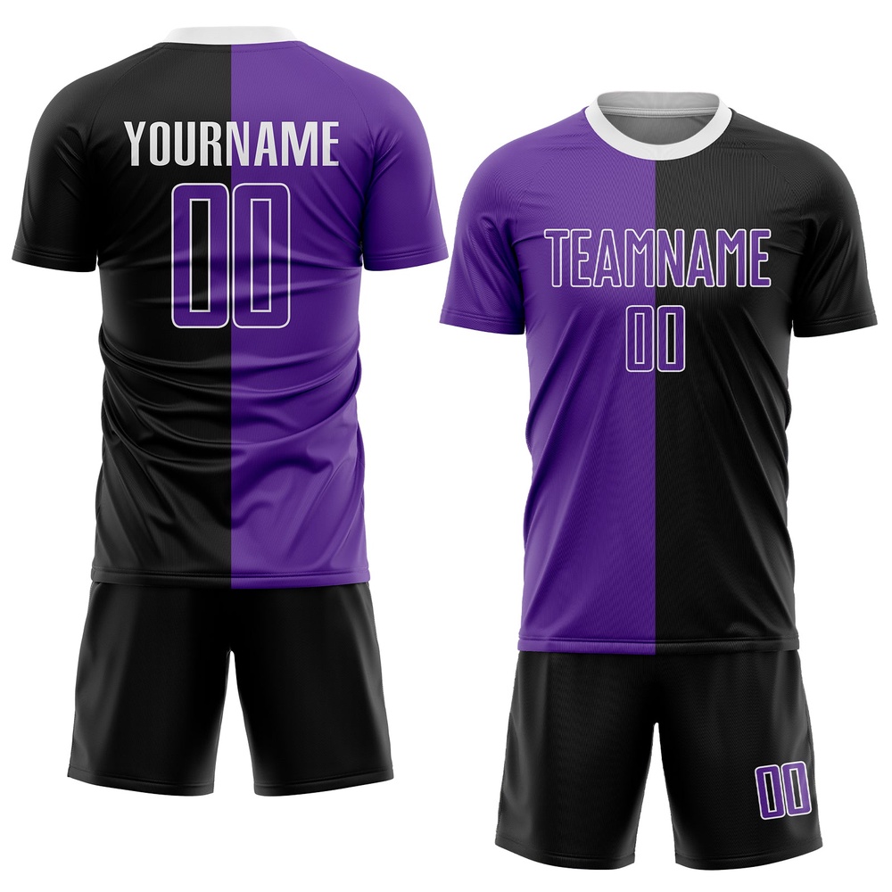 Black Purple White Sublimation Split Fashion Soccer Uniform Jersey, Custom Team Soccer Jersey Shirt Black Purple White Sublimation Split Fashion Soccer Uniform Jersey, Custom Team Soccer Jersey Shirt