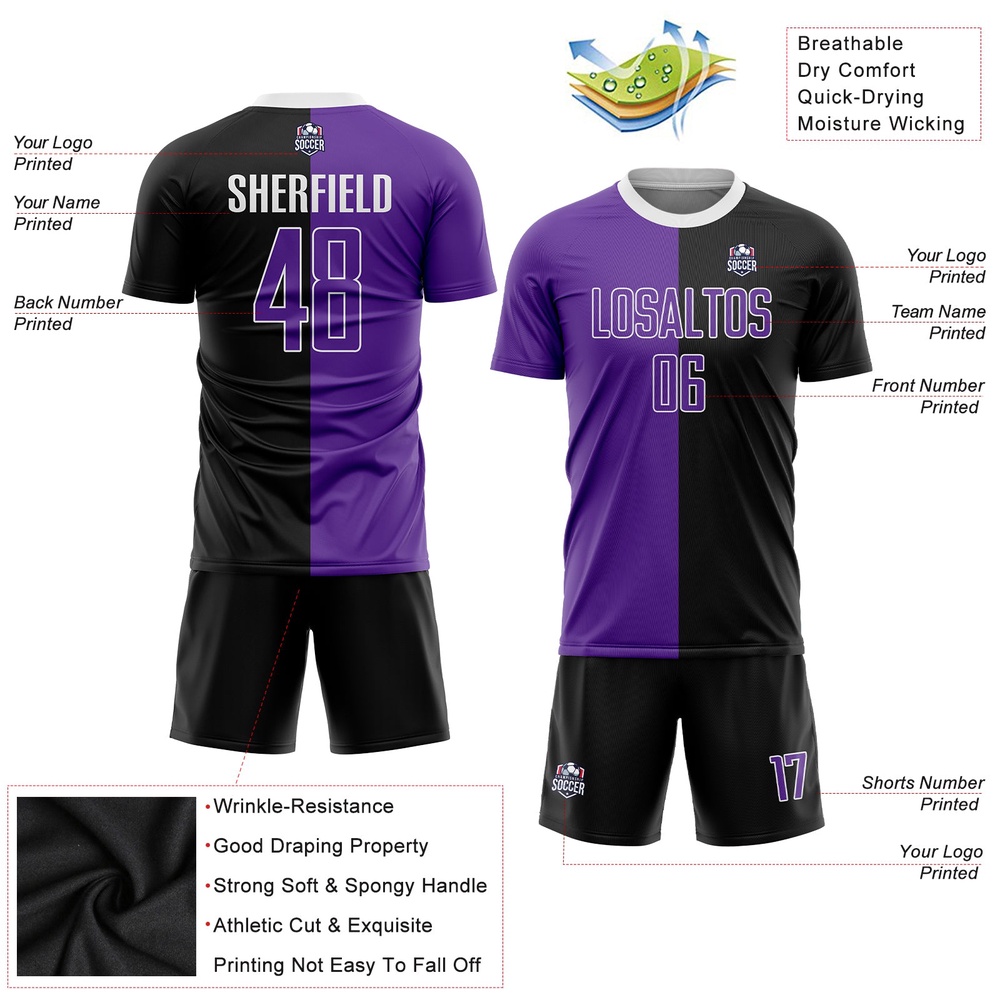 Black Purple White Sublimation Split Fashion Soccer Uniform Jersey, Custom Team Soccer Jersey Shirt Black Purple White Sublimation Split Fashion Soccer Uniform Jersey, Custom Team Soccer Jersey Shirt