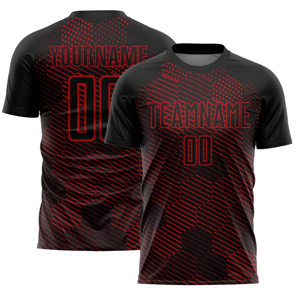 Black Red Abstract Hexagon Sublimation Soccer Uniform Jersey, Custom Team Soccer Jersey Shirt Black Red Abstract Hexagon Sublimation Soccer Uniform Jersey, Custom Team Soccer Jersey Shirt