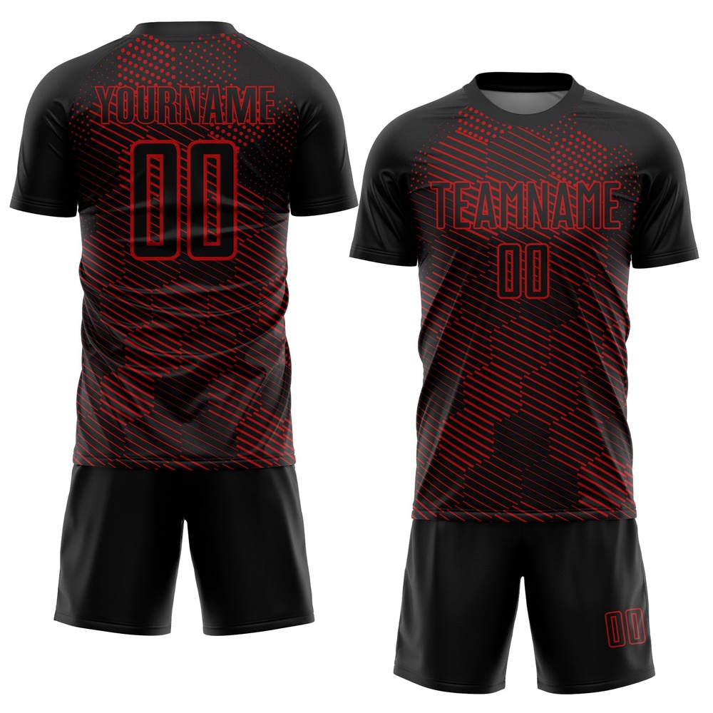 Black Red Abstract Hexagon Sublimation Soccer Uniform Jersey, Custom Team Soccer Jersey Shirt Black Red Abstract Hexagon Sublimation Soccer Uniform Jersey, Custom Team Soccer Jersey Shirt