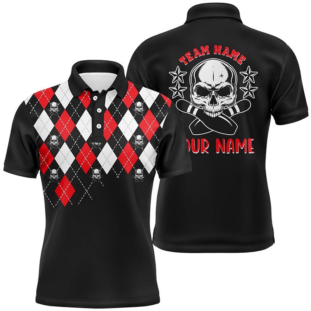 Black Red Argyle Pattern Bowling Skull Custom Bowling Polo Shirts For Men, Bowling Polo Shirt, Personalized Bowling Team Shirt Black Red Argyle Pattern Bowling Skull Custom Bowling Polo Shirts For Men, Bowling Polo Shirt, Personalized Bowling Team Shirt