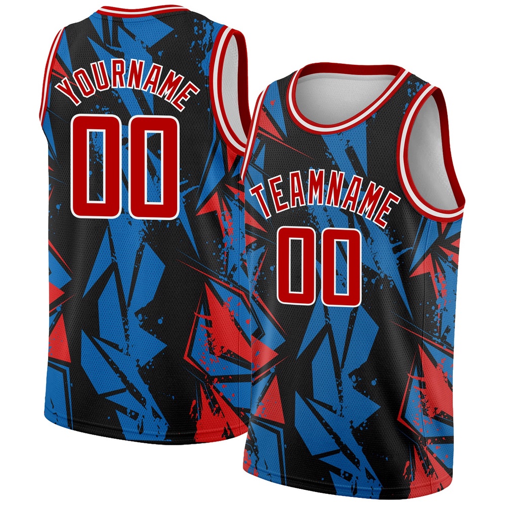 Black Red Blue 3D Pattern Design Geometric Shapes Authentic Basketball Jersey, Custom Team Soccer Jersey Shirt Black Red Blue 3D Pattern Design Geometric Shapes Authentic Basketball Jersey, Custom Team Soccer Jersey Shirt