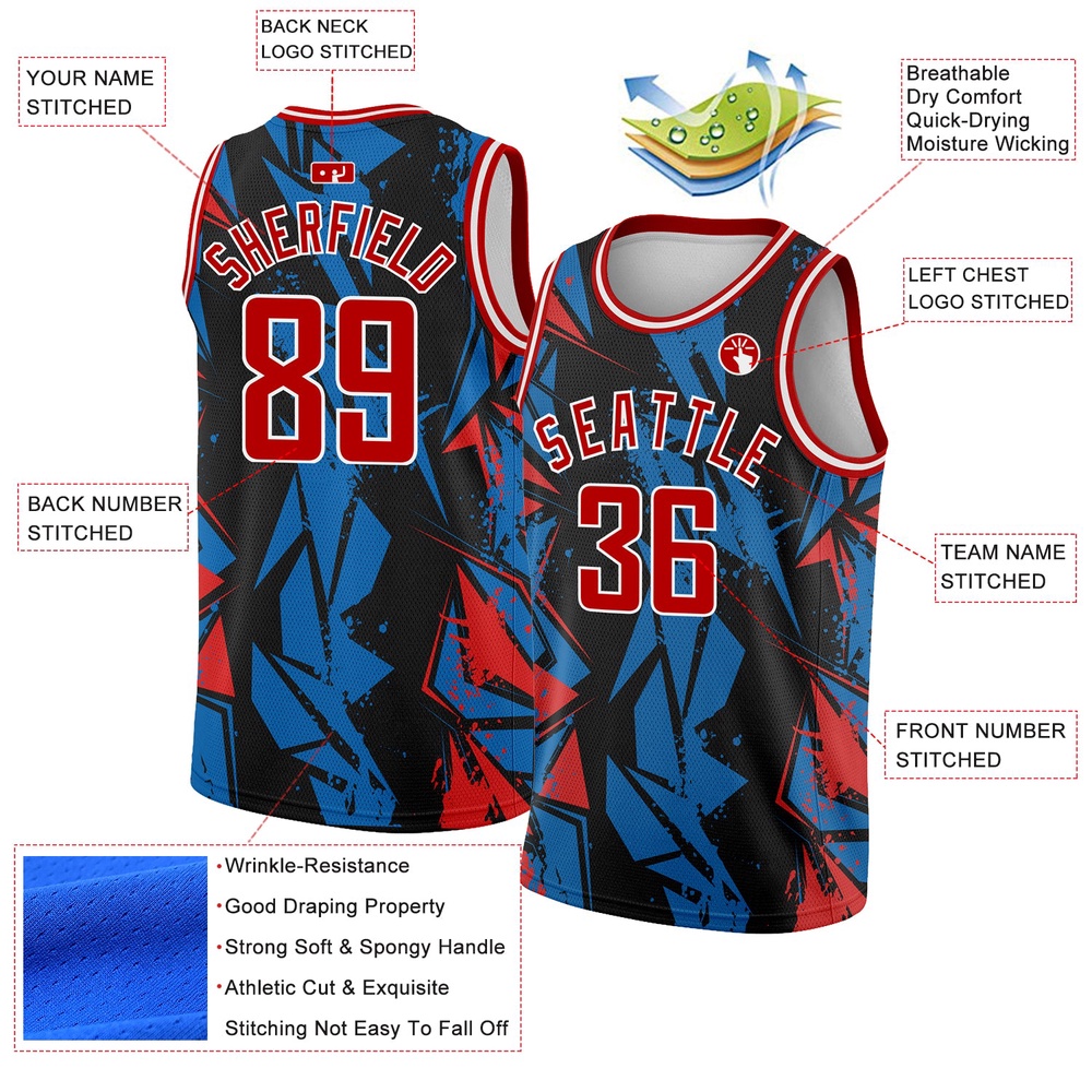 Black Red Blue 3D Pattern Design Geometric Shapes Authentic Basketball Jersey, Custom Team Soccer Jersey Shirt Black Red Blue 3D Pattern Design Geometric Shapes Authentic Basketball Jersey, Custom Team Soccer Jersey Shirt