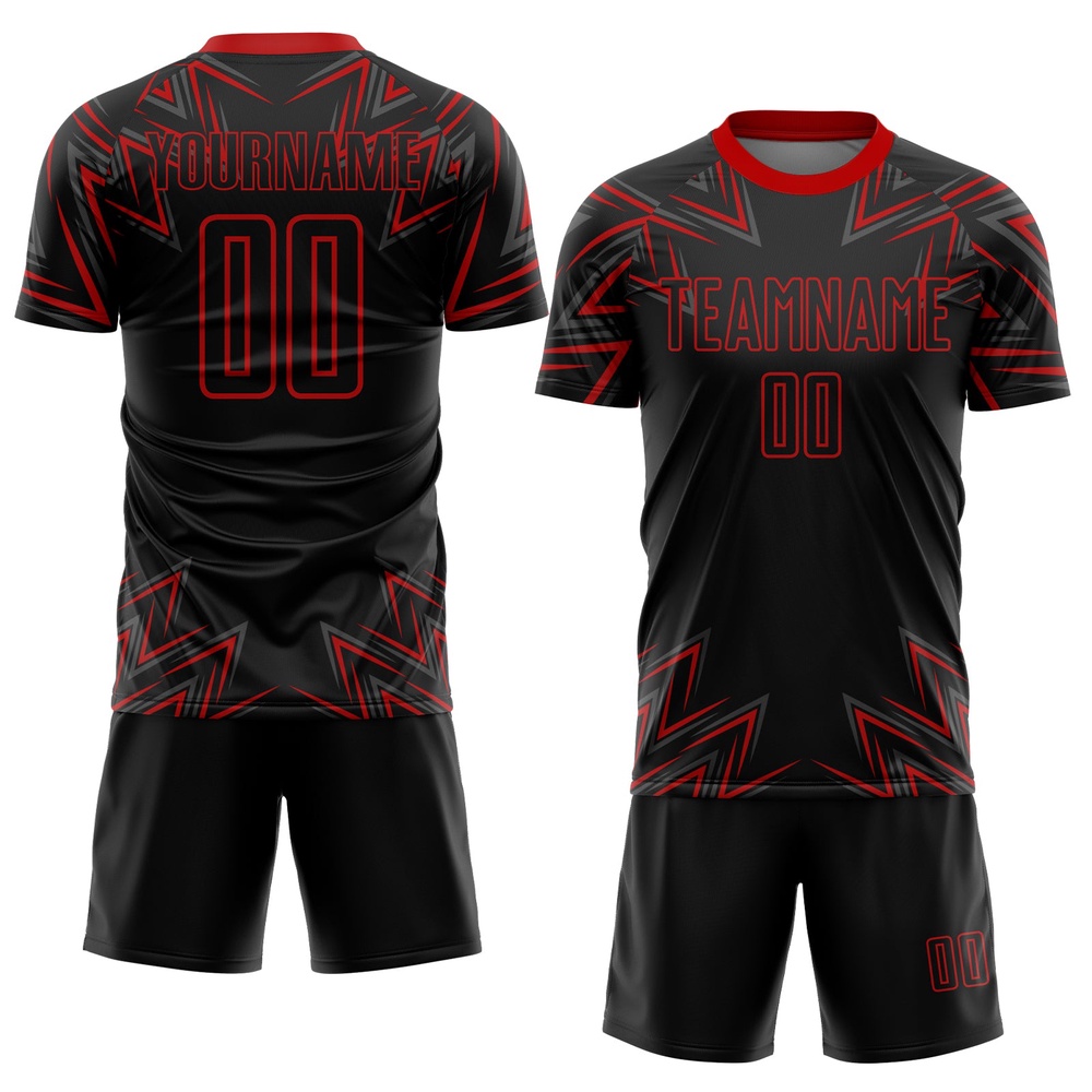 Black Red Geometric Shapes Sublimation Soccer Uniform Jersey, Custom Team Soccer Jersey Shirt