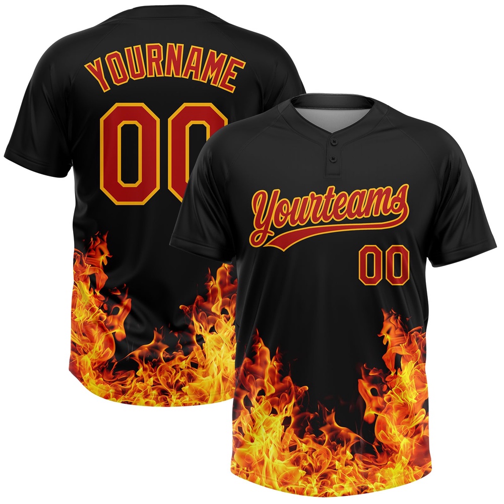Black Red Gold 3D Pattern Design Flame Two Button Unisex Softball Jersey, Custom Team Softball Jersey Black Red Gold 3D Pattern Design Flame Two Button Unisex Softball Jersey, Custom Team Softball Jersey