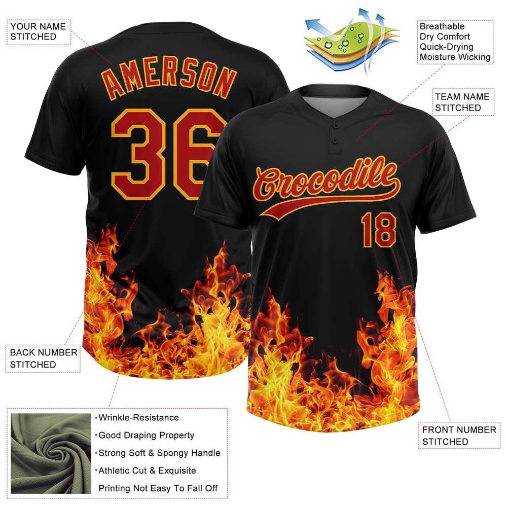 Black Red Gold 3D Pattern Design Flame Two Button Unisex Softball Jersey, Custom Team Softball Jersey Black Red Gold 3D Pattern Design Flame Two Button Unisex Softball Jersey, Custom Team Softball Jersey