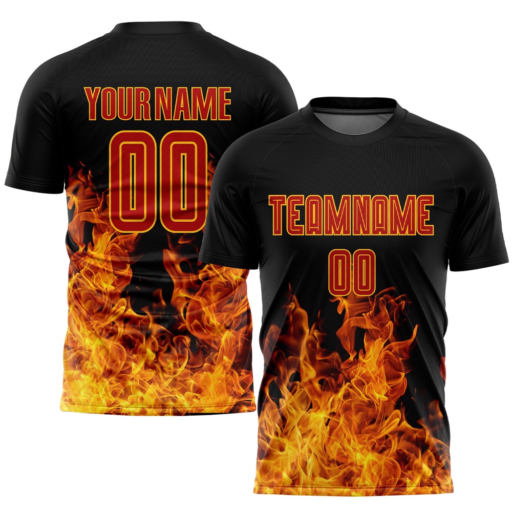 Black Red Gold Flame Sublimation Soccer Uniform Jersey, Custom Team Soccer Jersey Shirt