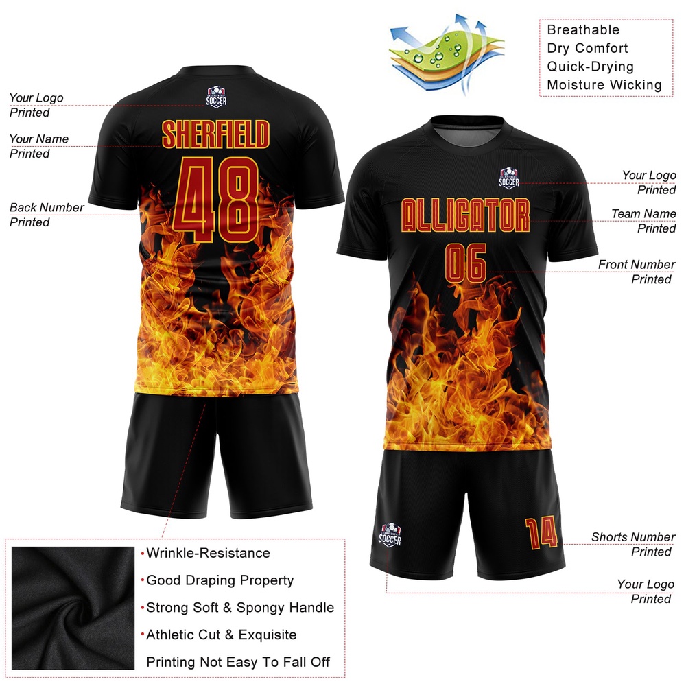 Black Red Gold Flame Sublimation Soccer Uniform Jersey, Custom Team Soccer Jersey Shirt